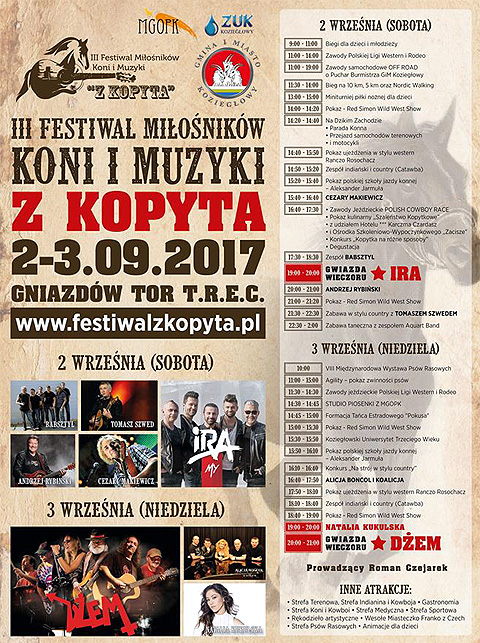 Festiwal Z Kopyta. Koziegłowy 2-3 września 2017. Prowadzenie: Roman Czejarek.
